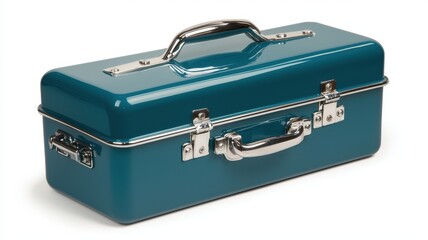 Storage Box Concept. Teal vintage case with shiny metal accents and handle.