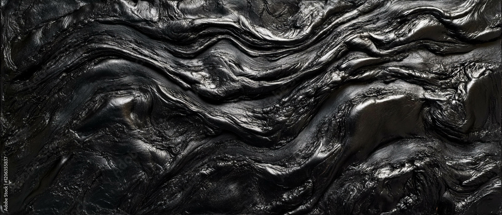 Poster lava flows create intricate patterns on a black volcanic landscape
