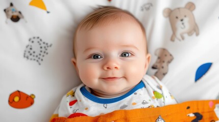 Joyful newborn baby smiles in mother's embrace on cozy bed