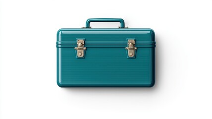Storage Box Concept. A teal metal toolbox with two latches and a handle on top.