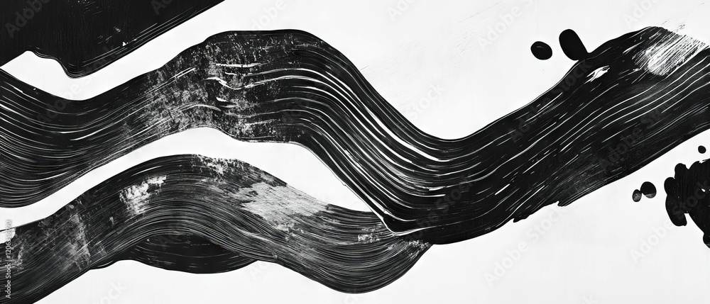 Poster layered black ink patterns create dynamic texture against a white background