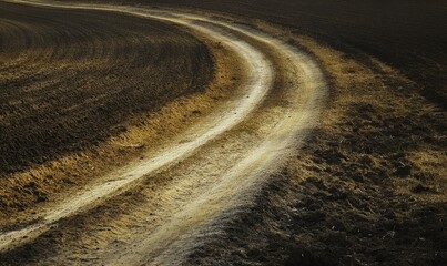 A track stretching into the distance on a plowed field, rural pathway, countryside, farmland