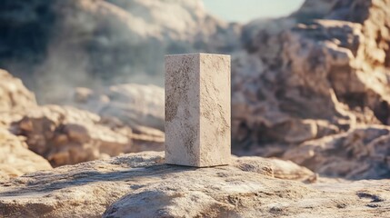 Concrete monolith standing on rock in a desert canyon landscape