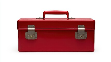 Storage Box Concept. Red metal toolbox with a handle, featuring silver latches.