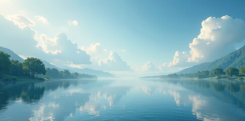 Soft wisps of white clouds drift across a serene river surface, atmosphere, peaceful