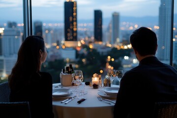 A romantic dinner scene featuring a couple silhouetted against a stunning cityscape, complete with lights and an elegant table setting, creating a serene atmosphere.