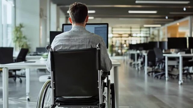 Man in wheelchair works in modern office promoting inclusion and disability awareness during a typical workday