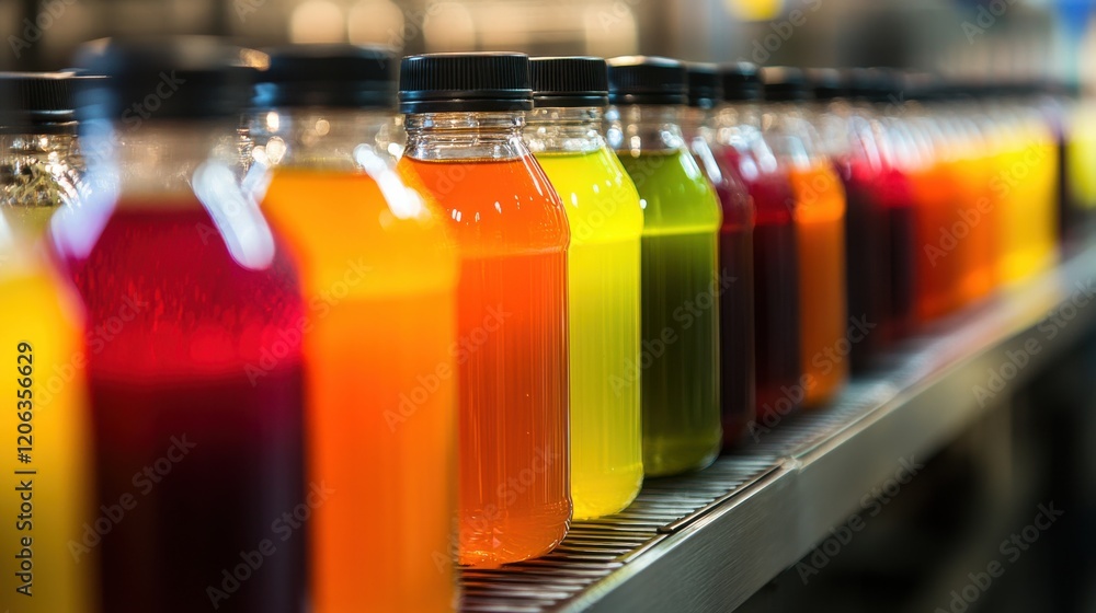 Poster colorful array of beverage bottles on a production line in a vibrant factory setting