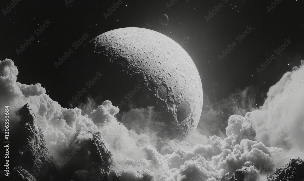 Poster a close-up view of the moon with craters and clouds in the foreground