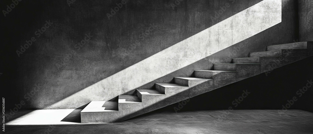 Poster exploring patterns of light and shadow on a staircase in an urban setting