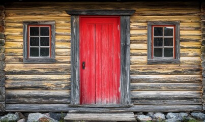 A wooden cabin with a charming red door in a picturesque Swedish village, quaint, red door, village
