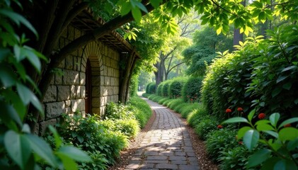 Naklejka premium Stone alleyway with a meandering path through a dense thicket of trees and shrubs, nature, shrubs
