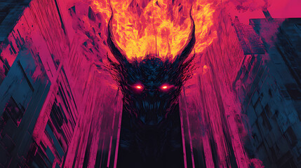 A towering, flame-wreathed demon with obsidian horns and molten eyes, its clawed hands grasping at the darkness, generative ai. Obsidian Tower. Illustration