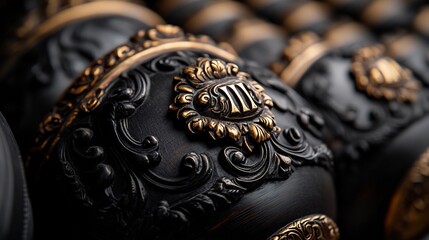Close-up of Ornate Black and Gold Vessels with Roman Numerals III