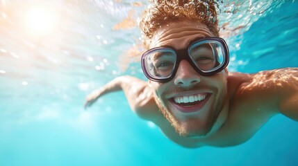 Naklejka premium Young male swimmer glides effortlessly underwater in Olympic pool