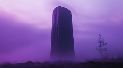 A towering obsidian monolith casts a long shadow across a mist-shrouded landscape, its sharp edges piercing the ethereal purple sky. Obsidian Tower. Illustration