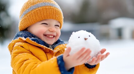 Joyful child crafting memories with a snowman on a winter day