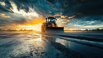 Grader Working Sunset Dramatic Sky Construction Site