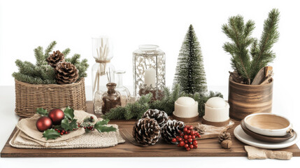 Festive table setting with rustic decorations for a holiday gathering featuring pinecones and ornaments