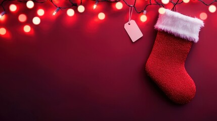 Red Stocking with Festive Lights: A traditional red Christmas stocking with fluffy white trim hangs against a deep red backdrop, adorned with twinkling fairy lights.