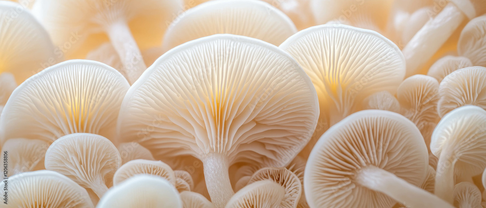 Poster exploring the enchanting world of luminous mushrooms in a soft glowing forest setting