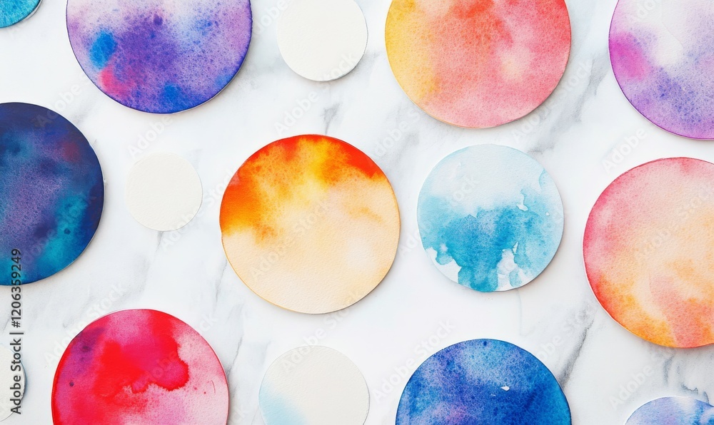 Poster a set of large, multicolored watercolor circles arranged in a seemingly haphazard pattern on a white