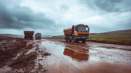 Three Dump Trucks Travel a Muddy Road