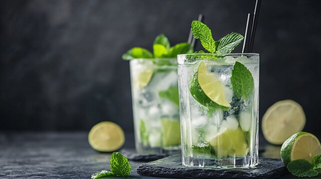 Refreshing mojito cocktails with lime, mint, and ice on dark background