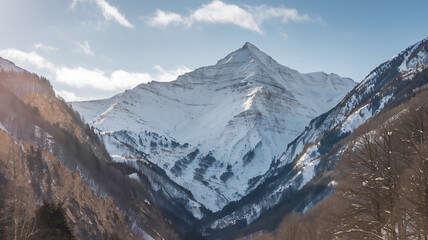 Fototapeta premium A photo of the Swiss Alps during winter. The mountains are covered with snow and ice. The trees have no leaves