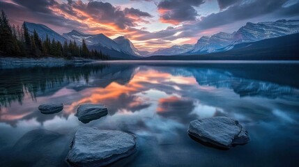 Serene Sunset Reflection Over Mountain Lake Rocks