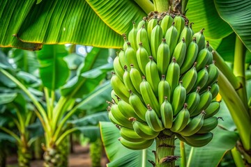 Unripe Green Banana Closeup on Musa Plant - Tropical Fruit Detail Stock Photo