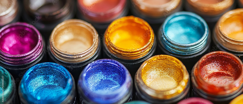 Poster vibrant metallic inks with shimmering effects in assorted colors on display