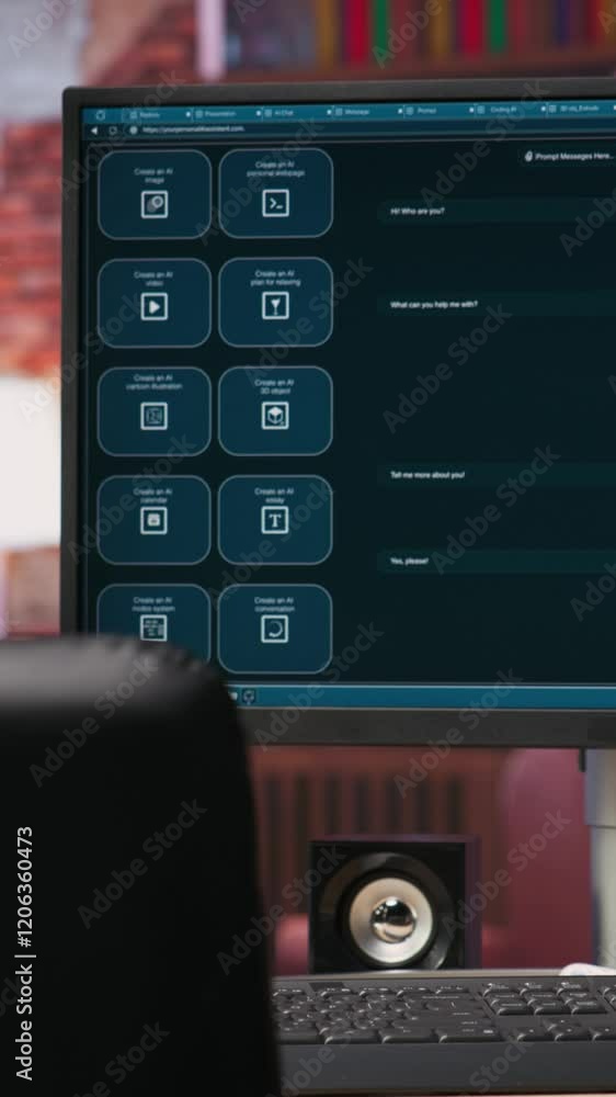 Fototapete Vertical video Computer setup in bright apartment showing large language model program. PC monitor in cozy home office with AI LLM chatbot answering user prompts using neural network tech