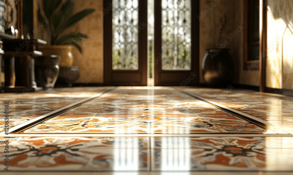 Poster a captivating layout of patterned tiles, emitting a sparkling glow under warm ambient lighting, crea