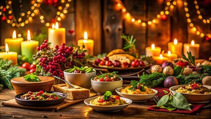 Naklejka premium Vegan Holiday Appetizer Table - Festive Night Photography