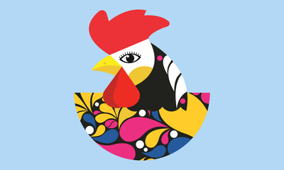 A vibrant and modern illustration of a rooster, featuring bold geometric patterns and bright colors, symbolizing the cultural expression of the Pernambuco Carnival. 