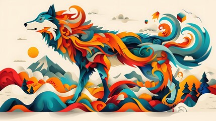 Obraz premium Abstract wolf art, mountain landscape, autumn colors, nature design, for prints