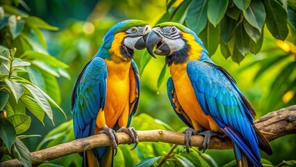 Fototapeta premium Vibrant Blue and Gold Macaws Perched on Lush Green Branch, Tropical Bird Wildlife Photography