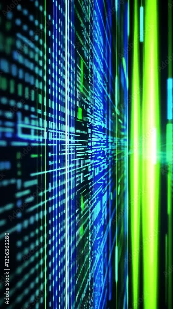 Poster dynamic digital data streams illustrated through vibrant lines and colors in a modern technological 