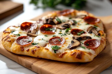 A vibrant heart-shaped gourmet pizza featuring fresh mushrooms and pepperoni, beautifully presented on a wooden surface, symbolizing love and shared meals.