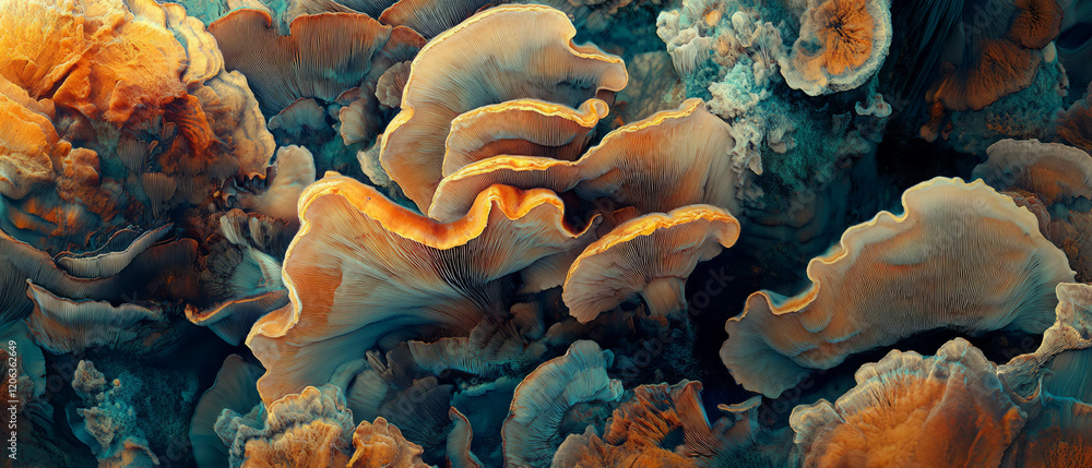 Poster mushroom patterns evoke artistic textures and vibrant colors in abstract forms