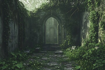 Obraz premium Overgrown ruins with an archway and stone steps, enveloped in greenery.