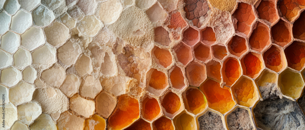Poster unique texture of mushroom pores showcasing hexagonal patterns and diverse colors