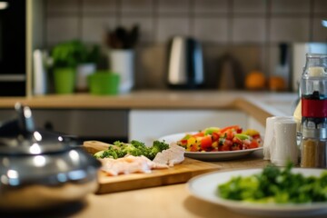 A keto-friendly dinner preparation, in a contemporary kitchen, showcasing the cooking process of a healthy
