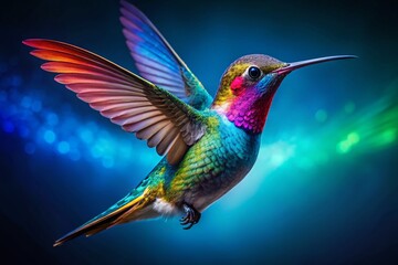 Fototapeta premium Vibrant Hummingbird in Flight, Dark Blue Background - Stock Photo