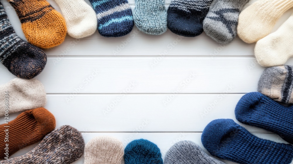 Poster colorful array of cozy socks arranged in a circular pattern on a wooden surface