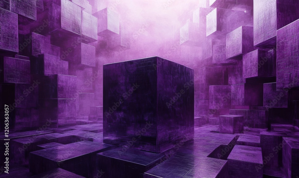 Poster a massive cube dominates the center of a vast purple-colored textured background composed of countle