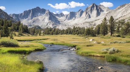 Majestic Mountain Range Overlooking Serene Stream And Meadow
