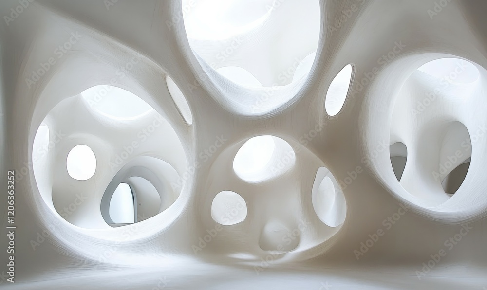 Poster abstract white surface with curved shapes and circular openings