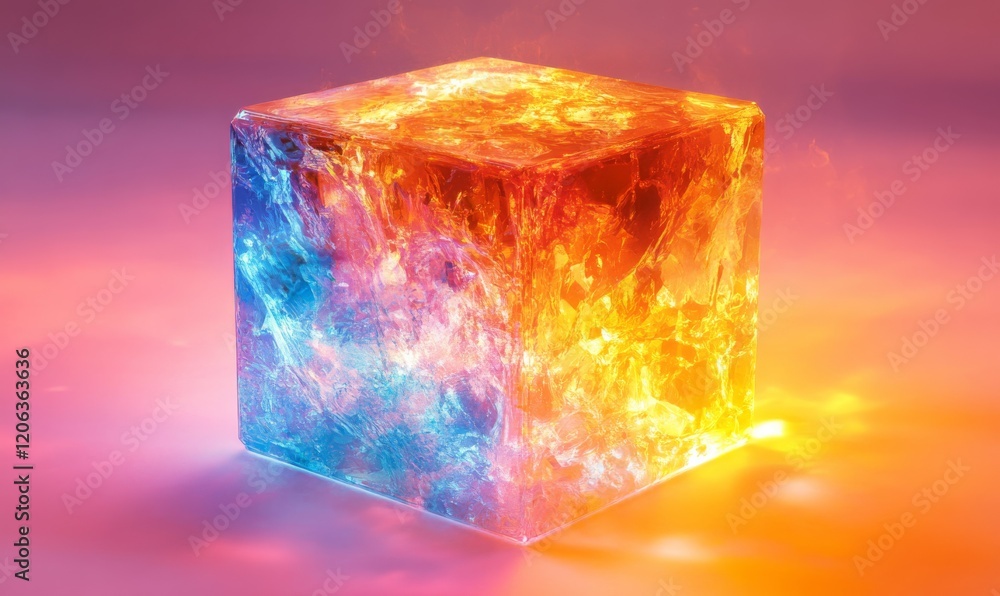 Poster a glowing cube with contrasting fiery orange and cool blue edges, creating a striking visual effect 
